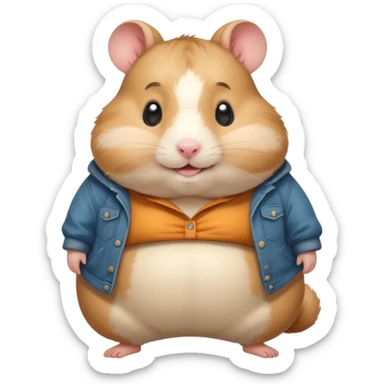 Cute chubby cartoon-style hamster wearing oversized pants that look too big, proud and smiling expression. Painterly shading, white background, sticker-style illustration sticker