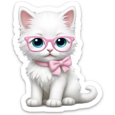 fluffy white kitten nerd with glasses and light pink bow sticker