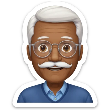An elderly man emoji with medium-dark skin tone, white hair on the sides, glasses, thick eyebrows, and a white mustache and beard. sticker