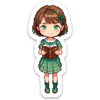 cute pixel art girl with short brown hair, big sparkling eyes, small friendly smile, wearing green dress, holding book, standing facing forward, chibi proportions, bright colors, soft shading sticker