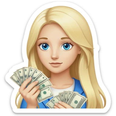 Cinematic realistic blonde with long hair, blue eyes holds money in her hands sticker