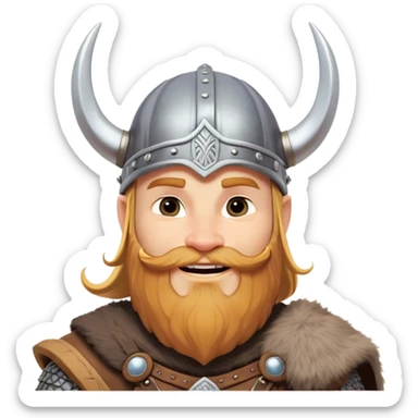 Clash of Clans aesthetic: Cinematic Playful Viking Portrait Emoji, Head tilted with a cheeky grin and twinkling eyes, featuring a compact, charming build with a modest, stylized Viking helmet and a playful beard, his face rendered in natural skin tone, Simplified yet irresistibly charming features, highly detailed, glowing with a warm, inviting radiance, high shine, spirited and lively, stylized with an air of whimsical Nordic mischief, soft glowing outline, capturing the essence of a playful Viking exuding friendly rogue charm! sticker
