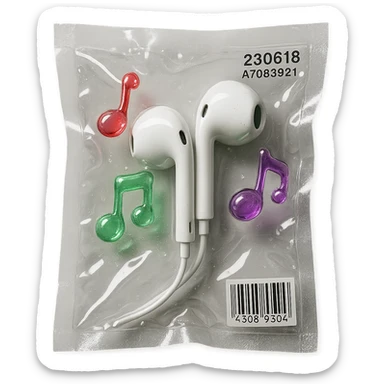 pair of white EarPods with three small glassy music notes in red, green, and purple floating around, glossy and inflated sticker