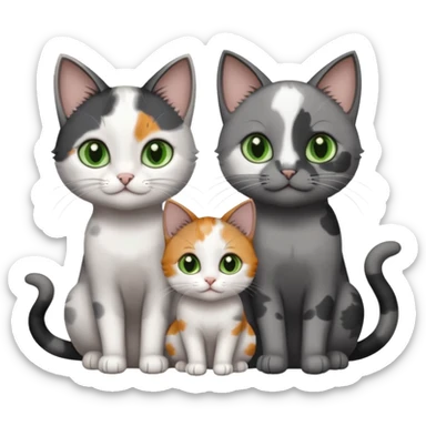 3 different coloured small cats including a dark grey and white, and a patchy calico with hazel eyes and a completely solid dark grey with green eyes and only white paws sticker