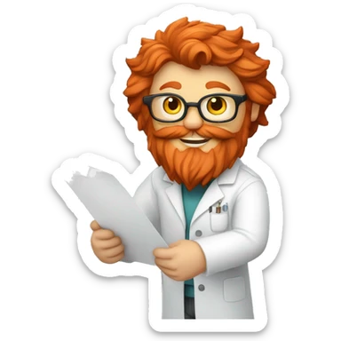 A red-bearded cat engineer in a lab coat holds a white piece of paper next to a 3d printer. sticker