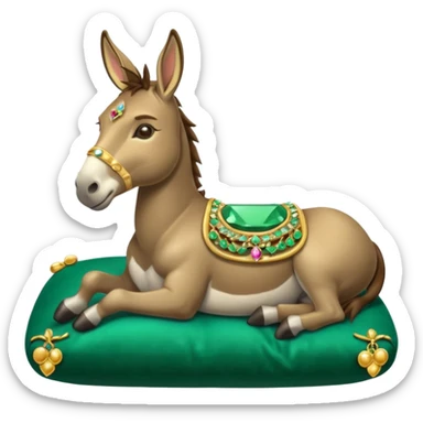 cartoon donkey lounging on a velvet pillow, surrounded by luxury items like jewels and gold, with a smug expression, emoji style sticker
