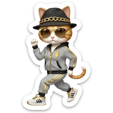 female cat dressed like Run DMC, tracksuit, fedora, gold chains, Adidas shoes, dark sunglasses, upright pose sticker