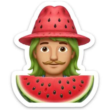 long haired man with watermelon hat sticker