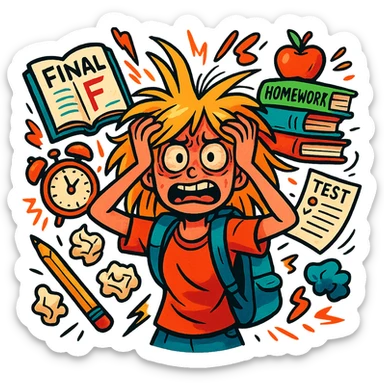 vibrant-toon style blonde straight-haired girl in survival mode, wild hair, surrounded by chaos, last month of school sticker