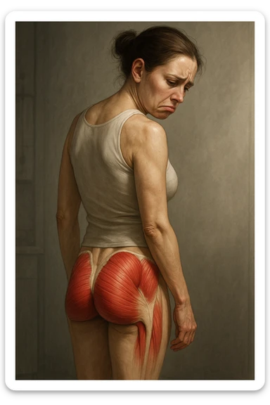 realistic anatomical illustration vertical 2:3 of an unhappy woman with underdeveloped gluteal muscles, posture expressing dissatisfaction, gluteal musculature anatomically highlighted, realistic details, clinical atmosphere, dramatic lighting, no text sticker