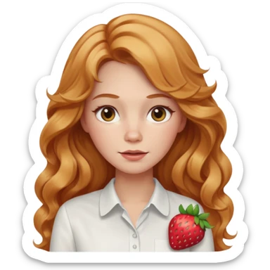 white adult woman with strawberry blonde super long wavy hair, white shirt, blushed cheeks sticker