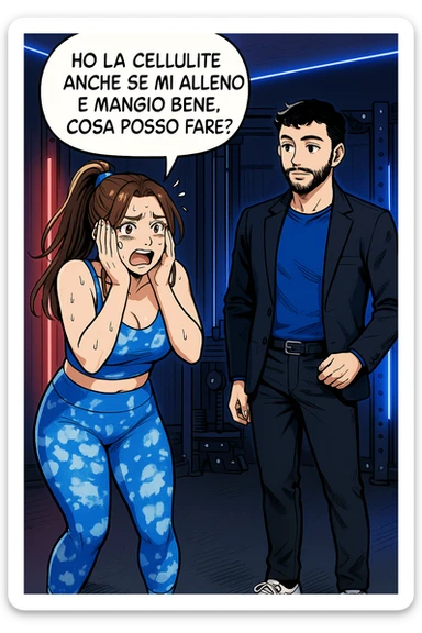 TRASFORMA QUESTO CAROSELLO IN UN FUMETTO STILE WEBTOON/MANGA A COLORI CON QUESTE DUE PERSONE IDENTICHE CHE INTERLOQUISCONO TRA LORO, LA DONNA è DISPERATA CON LE MANI SULLE GUANCE E STA DOMANDANDO TUTTA AGITATA UNA COSA ALL'UOMO:

LEI (DONNA): Ho la cellulite anche se mi alleno e mangio bene, cosa posso fare? sticker
