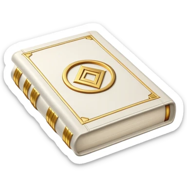 A white leather book with golden accents, smooth and polished, embossed with a symbol of six pillars, or a glowing mirror, radiating strength, confidence, and the power of self-worth.  sticker