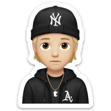 rapper da trắng, tóc vàng, full đen, có mũ len hãng MLB, đẹp trai
 sticker