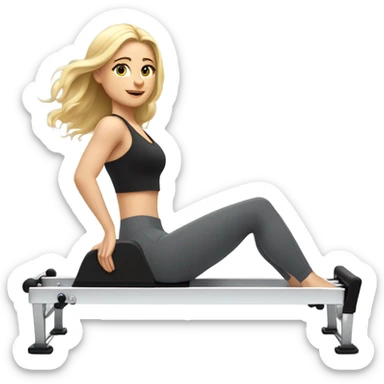 Girl on a Pilates reformer machine, mid-exercise, wearing leggings and a top, blonde sticker