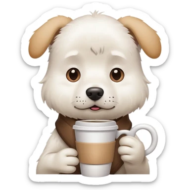 A white dog holding a coffee cup looking stressed and busy sticker
