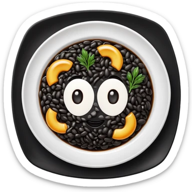 cinematic-realistic-black-risotto-dish-emoji,-showcasing-small ring pieces in black sauce -rendered-with-bold-textures-and-dynamic,-dramatic-lighting in a white plate sticker