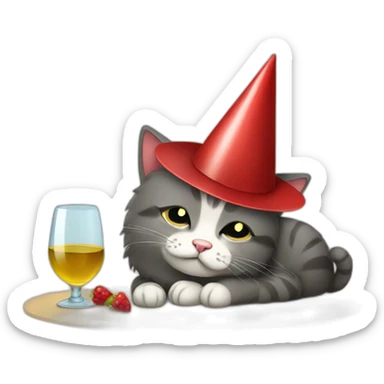 depressed tired kitty drinking wine and party hat on sticker