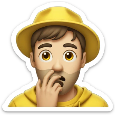 guy in a yellow clothing is shocked, covering his mouth with  hend sticker