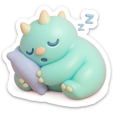 monster curled up with a pillow, snoring, gentle pastel palette, no background, vinyl figure style sticker