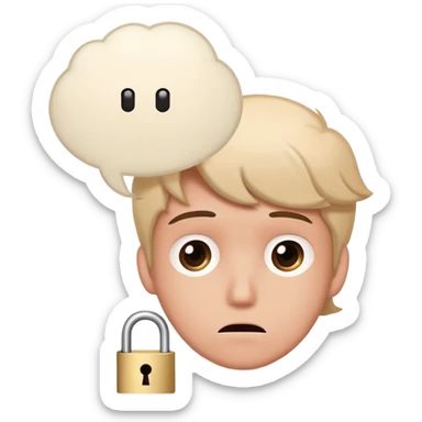 Person with thought bubble containing lock, confused expression, mental block sticker