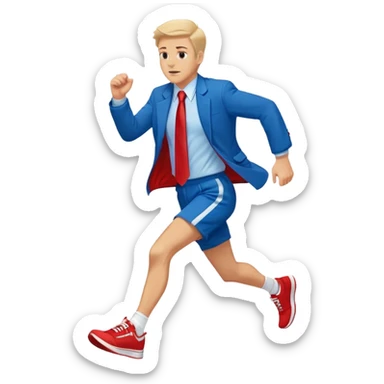 a running white man wearing a blue jacket, shorts, red sneakers, and a flowing red tie sticker