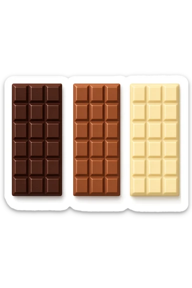 3 emoji stile iphone di BARRETTE DI CIOCCOLATO, UNA FONDENTE, UNA AL LATTE E UNA BIANCA, CON OMBRA REALISTICA, VISTE DALL'ALTO, IPERREALISTICO 4K sticker