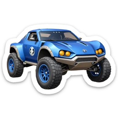 Mandalorian evil night blue Dirty and dented Local Motors Rally Fighter off road race car hot rod meets 2013 Toyota 86 trophy truck-style basher flying on a dusty road (silver wheels) sticker