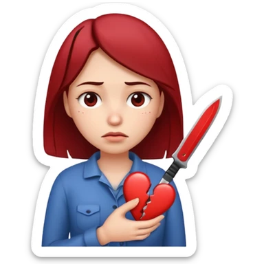sad woman with knife going through heart sticker