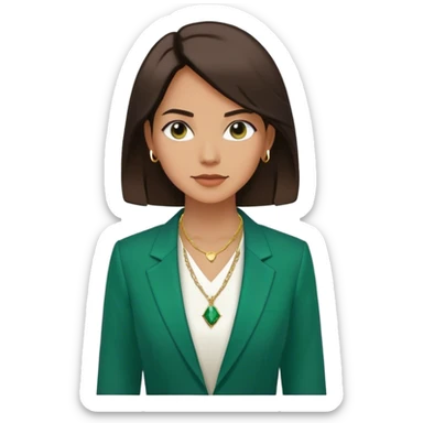 Emoji femenino con cabello suelto corto hasta los hombros castaño oscuro. Tono de piel bronceado. Viste blazer color verde esmeralda y blusa de vestir blanca. Lleva tres collares minimalistas color dorado sin piedra. Minimalista, clasico sticker