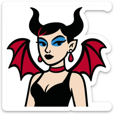 cartoon goddess with pale skin, short black and red hair, Maleficent horns, bat wings, black low-cut dress, red drop earrings and choker, blue cat-eye makeup, black lipstick, silver facial and ear piercings sticker