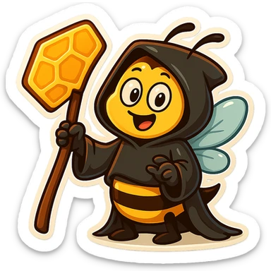 Replace the scythe with a honeycomb-shaped scythe, keeping the cartoon bee grim reaper playful and cute in retro stickers style. sticker
