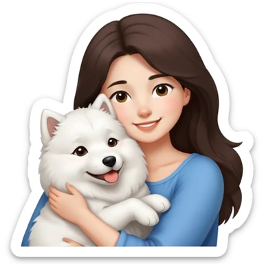 a shoulder-length brunette girl snuggles a cute smiling samoyed sticker