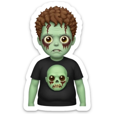 a zombie boy with brown curly hair and a fat double chin, with black t shirt sticker