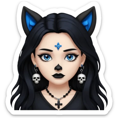 A girl with long black hair and blue eyes, black eyeshadow, black eye liner, mascara, and black lipstick, and black skull earrings. Also a black sexy dress and wolf ears  and a black pendent necklace and a black cross below her right eye sticker