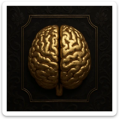 ultrarealistic 3d metallic gold brain symbol, with a dark black background featuring intricate Victorian silk patterns and gothic floral elements, classic and arcane. The brain is the focus, inside a thin, stylized frame that contours the brain, spotlighting the center. High definition, mysterious, and elegant. sticker