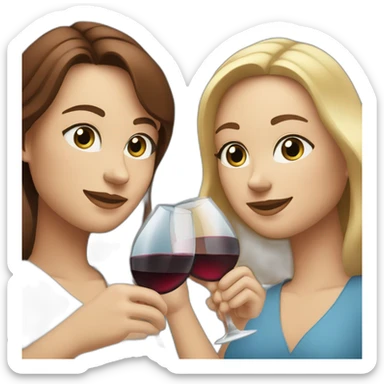 White woman with brown hair and brown eyes toasting with a red wine together with white woman with blond hair and blue eyes with red wine sticker