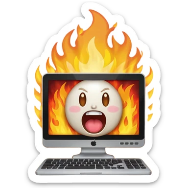 a computer screaming in excitement, fire behind it sticker