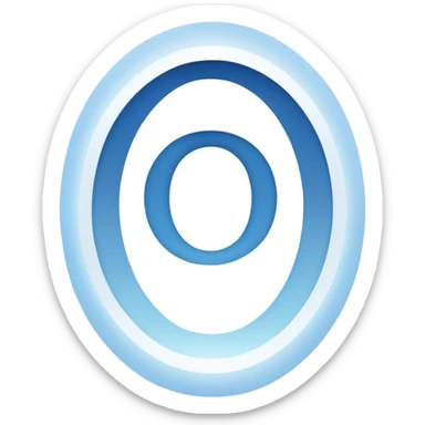stylized white capital letter O in almond-shaped gradient oval eye with silver curved accents on each side, over circular blue background, symbol of vision and focus sticker