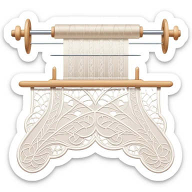 Lace making icon, lace patterns in progress, shuttle, thread, bobbins, intricate details, minimalistic style, clean lines, transparent background. sticker