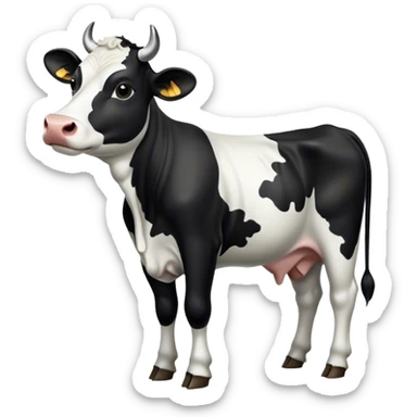 Cinematic Noble Black and White Cow Portrait Emoji, Poised and regal, with a large, sturdy build and a striking, well-groomed coat of pure black accented by crisp white patches, deep-set soulful brown eyes, Simplified yet sharp and sophisticated features, highly detailed, glowing with a soft, dignified glow, high shine, intelligent and calm, stylized with an air of modern elegance, focused and attentive, soft glowing outline, capturing the essence of a watchful and confident bovine guardian, so majestic it feels as though it could stride out of the screen with effortless authority! sticker