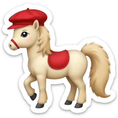 A cute pony (horse) emoji, full body, standing in side view, wearing a stylish red beret. sticker