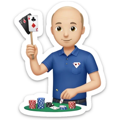 Balding guy, dark blue polo with a poker stick to pick up trash sticker