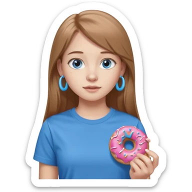 una ragazza dall‘ età di 19 anni con capelli castani chiaro lunghi e lisci ,  occhi celesti,  con addosso una maglietta con una ciambella e le cuffie airpods (bianche) ascoltando violetta sticker