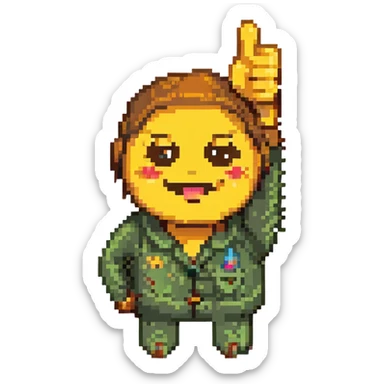 pixel art emoji character giving a thumbs up with 'thank you' text sticker