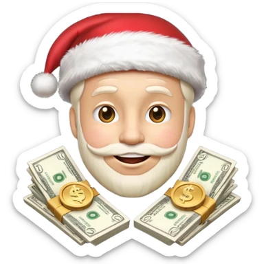 A confident rich emoji face wearing a Santa hat, money stacks, casino vibe, New Year theme, premium 3D emoji style, sharp details, no text, isolated on transparent background sticker