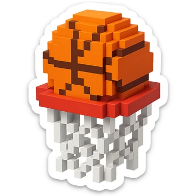 A voxel-style basketball in a net, simple and clear sticker