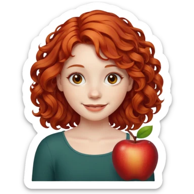 girl with shoulder length curly apple red hair with brown eyes and pale skin smiling sticker