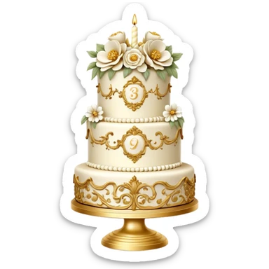 highly detailed white and gold rococo birthday cake with flowers sticker