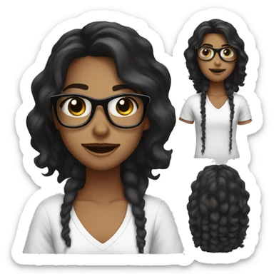 With Girl with long black hair with loose curls and black glasses, smile, black eyes, white tshirt sticker